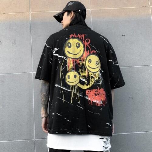Men Hip Hop Smiling Face Printed T Shirt Couple T-Shirt Streetwear Harajuku Tshirt Summer Black Tops Tees For Male