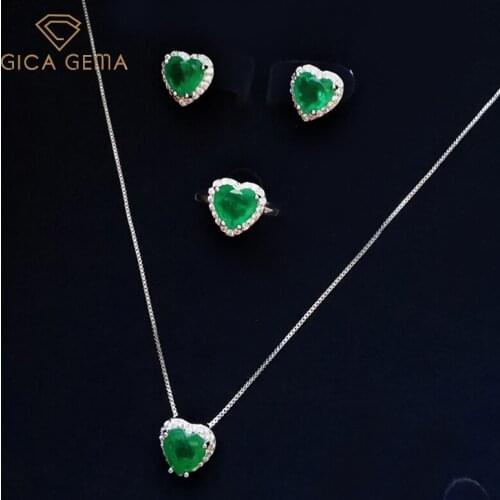 GICA GEMA New Trendy Real 925 Sterling Silver Jewelry Set Created Emerald Earrings Rings Necklace Wedding Promise Female Gifts