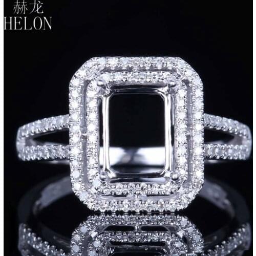 HELON 8x6mm Emerald Cut Solid 14K White Gold Pave 0.3ct Natural Diamonds Engagement Wedding Ring Women Trendy Fine Jewelry Ring