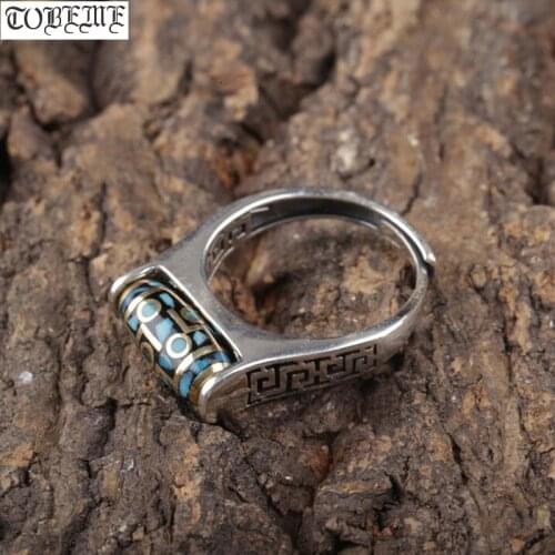 100% 925 Silver Turquoise Tibetan Nine Eyes DZI Bead Ring 925 Sterling 9 Eyes Spinning Ring Good Luck Turning Ring