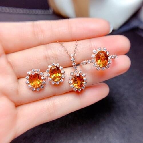 QTT Jewelry Set Yellow Oval Zircon Sterling Silver Necklace Earrings Ring Jewelry Sets For Women Bride Wedding Gift