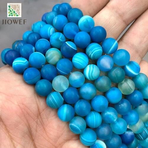 4 6 8 10 12 14MM Natural Matte Blue Stripe Agates Banded Lace Onyx Round Loose Beads Diy Bracelet for Jewelry Makings 15"Strand