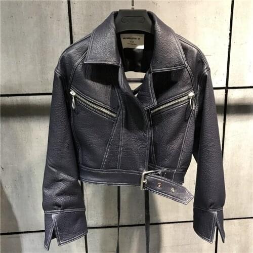 Fashion women quality genuine lady real sheep leather jacket hollow out back