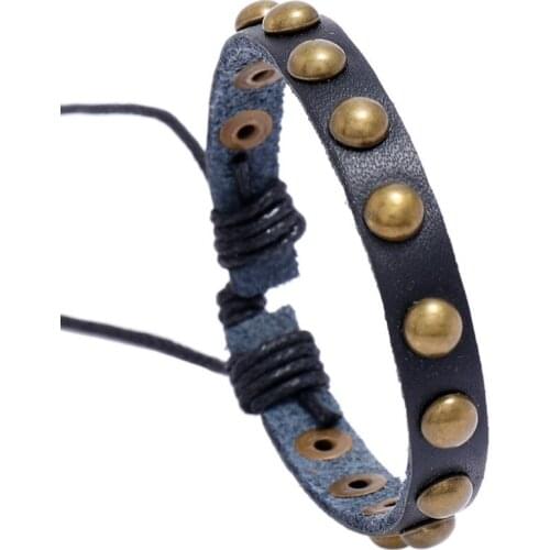 Fashion Punk Black Genuine Leather Bracelet Vintage Round Rivets Charm Bangle Wrap Wristbands for Women Men Hippie Rock Jewelry