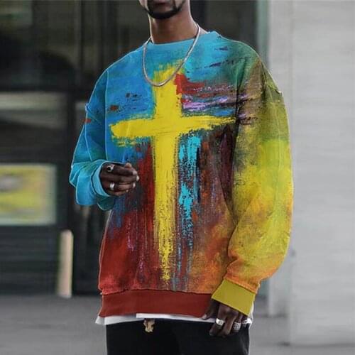 2021 Autumn Fashion Cross Print Tops Men Casual Loose O-Neck Pullover Sweatshirt Vintage Streetwear Men Long Sleeve Sweatshirts