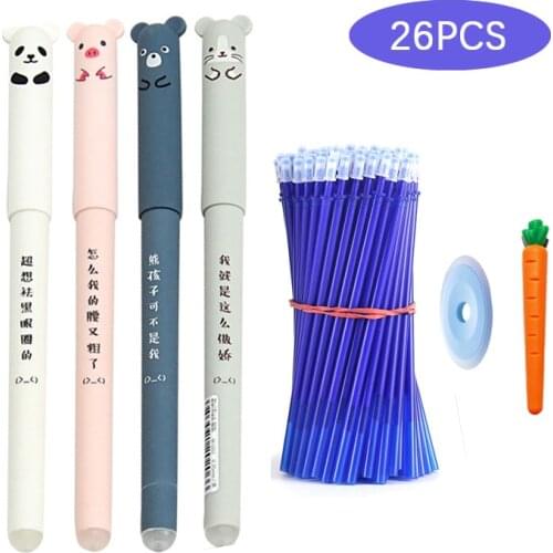 26Pcs/Lot Cute Animals Erasable Pen Refill Set Washable Handle 0.35mm Blue ink Erasable Rods Ballpoint pen for School Stationery