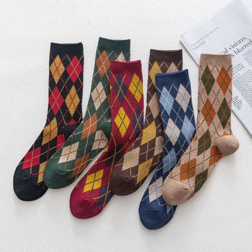 Plaid Socks Cotton Soft Medium Tube Men Women Ins Popular Comfortable Breathable Diamond-Shaped Preppy Style Vintage