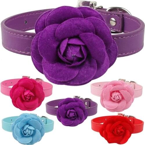 PU Leather Dog Pet Collars Cute Necklace With Flower For Small Dogs Puppy Pink Red Purple Blue Rose Neck For 8-18"