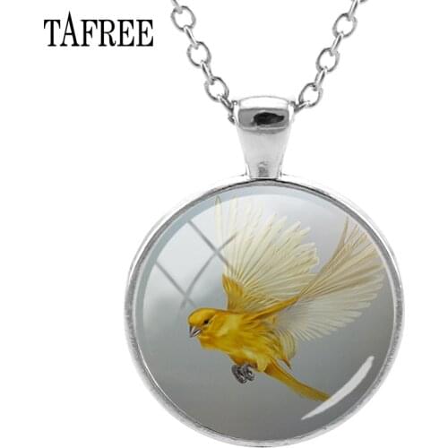 TAFREE The Flying Canary Pendants Necklace Fashion Cute Yellow Bird Art Photo Glass Cabochon Statement Necklaces Jewelry CA31