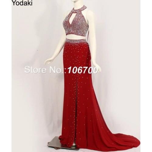 Sexy 2 Two Piece Long Prom Dresses Crystal Rhinestone Open Back Side Split Keyhole Halter Pink Jersey galajurken JA734