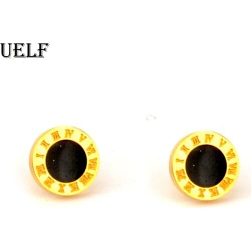 Uelf Stainless Steel Gold Color Stud Earrings for Women Fashion Jewelry Cute Round Small Enamel Roman Numerals Earring