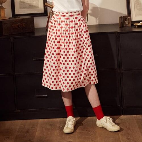 Original Design Summer New Women Polka Dot Printed A-line Skirt Cotton Pleated Waist Botton Knee Length Skirts Preppy Style