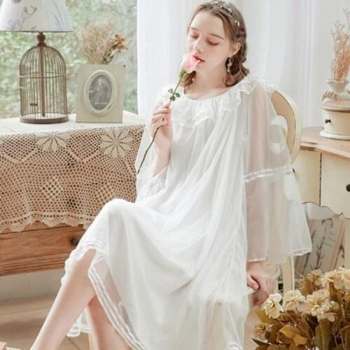 Sweet princess dress new mesh yarn long nightdress women spring autumn nightgown female sleepwear loose palace lady nightshirt