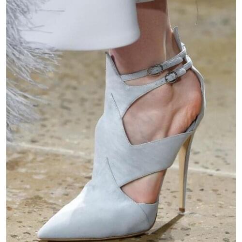 Moraima Snc Cut out Pointy Toe Stiletto Heel Buckle Summer Booties Runway Sexy High Heel Ankle Boots Woman Dress Shoes