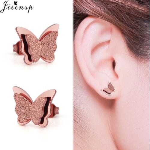 Jisensp Crystal Double Layers Butterfly Stud Earrings Delicate Butterfly Stainless Steel Earrings for Women Wedding Jewelry Gift