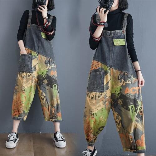 Spring Women Denim Jumpsuit Korean Version All-Matched Overalls Graffiti Printed Casual Female Pants Strappy Romper Oversized