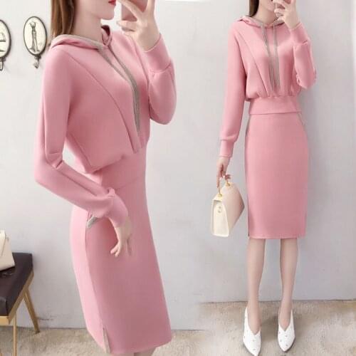 Women Pink Set 2021 Ladies Autumn Winter Skirt Two Piece Set Lady Hooded Sports Shirt+Skirt 2 Piece Set Fashion Goddess Suit