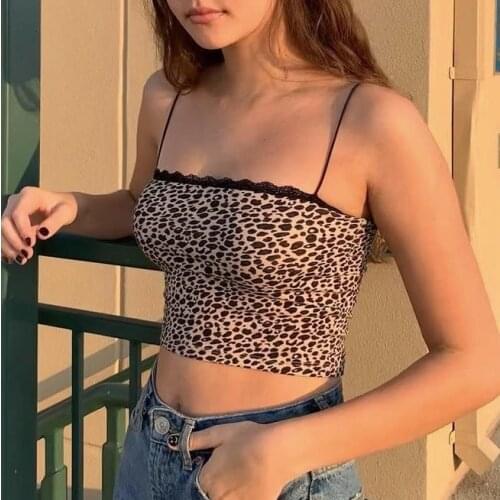 Womens Sexy Crop Cami Tops, Spaghetti Strap Square Neck Leopard Print Lace Trim Camisole