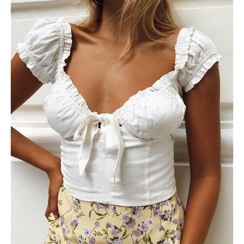 Puloru Women Off Shoulder Crop Tops Short Puff Sleeve Tie Knot Front Frill Trim T-Shirts Simples Style Ladies Solid Color Tops