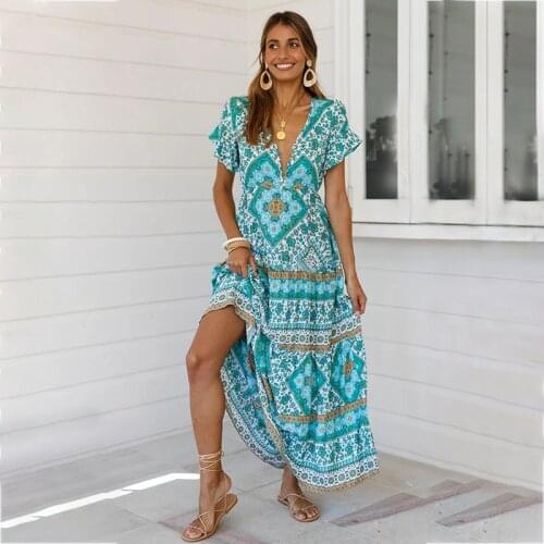Ladies Sexy Summer Bohemian Floral Print Long Dress Women Butterfly Sleeve V Neck Elegant Ankle Length Dress 2021 New