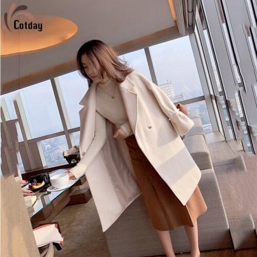 Cotday Solid Lotus Leaf Sleeve Long Coat Elegant Women Overcoat Button Female 2021 New Casual Autumn Winter Woolen Blends Coat