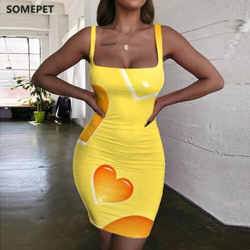 SOMEPET Love Dress Women Yellow Vestido Sexy Pattern 3d Print Painting Bodycon Dress Womens Clothing Summer Beach Korean Style