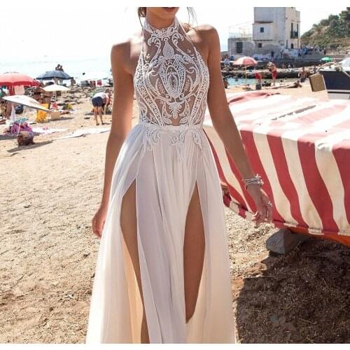 SSYFashion New Evening Dress Sexy Halter Backless White Lace Appliques Beading Sleeveless Beach Gowns Custom Formal Prom Dresses