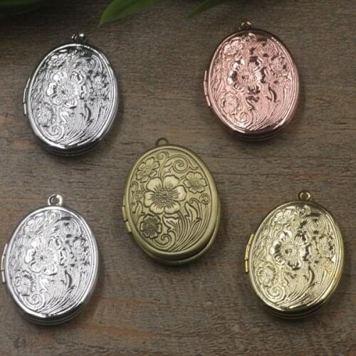 10 PCS 23*29mm 7 Colors Plated Metal Copper Oval Shape Flowers Carved Photo Locket Pendant For Jewelry Making