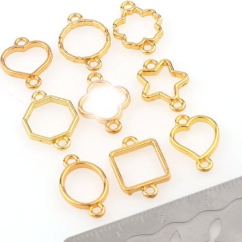20pc Mix Star Heart Round Flower Shape With 2 Holes Metal Hollow Gold DIY Frame Pendant Charm Setting DIY UV Resin Charm Epoxy
