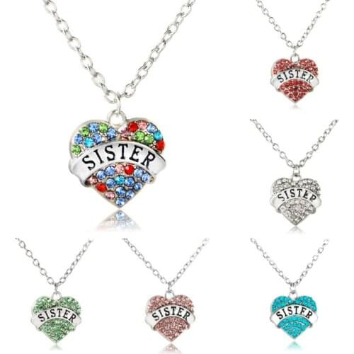9 Colors Heart Clear Pink Blue Crystal Sister Sis Pendant Necklace Daughter Women Girls Jewelry Family Party Gifts Choker Collar