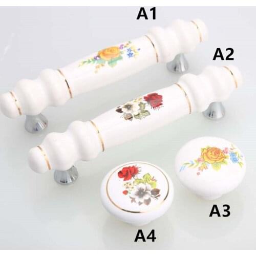 96mm yellow red flower ceramic kitchen cabinet handle knob golden white drawer cabinet knob pull rural porcelain dresser handle