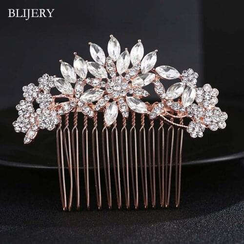 BLIJERY Rose Gold Color Hair Combs for Women CZ Crystal Flower Bridal Headpiece Wedding Hair Accessories Brides Tiara Prom Gift