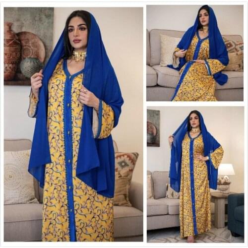 Middle East Abaya Turkey Muslim Female Printed Floral Robes Dubai Eid Long Sleeve Maxi Dress Pakistani Islamic Clothing Blue XL