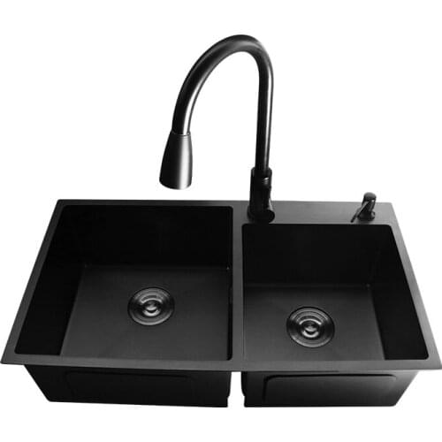 Black Handmade Household 2 Bowels Kitchen Sinks Black Nano Sink 304 Stainless Steel Hand 1.2mm Thickened