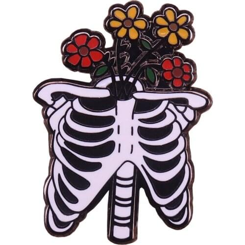 Floral skeleton lapel pin ribs with flowers brooch human anatomy badge Halloween gothic art accessory