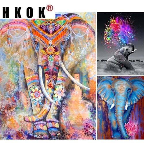HKOK 5D Diy Diamond Painting Colorful Elephant Cross Stitch Kit Full Round Drill Diamond Embroidery Mosaic Picture Home Decor
