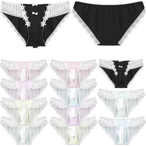 Cotton Brief Panties Sexy Lingerie Exotic Apparel Flower Embroidery Lace Trim Low Waist Underwear Bulge Pouch Elastic Underpants