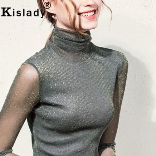 Kisaldy New Womens Bright Silk Top 2020 Fall Turtle Neck Long Sleeve Bottom Shirt Sexy Mesh Transparent Shining Fitness Shirts