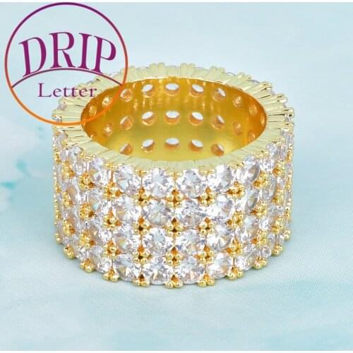 Four Rows Ring Solitaire Charm Gold Color Cubic Zircon For Men Hip Hop Copper Jewelry