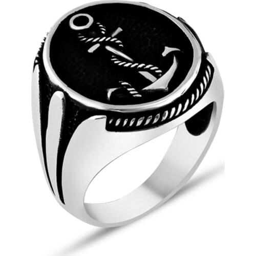 Men Handmade Silver Ring With Ship Anchor Motif, Made in Turkey, Solid 925 Sterling Silver