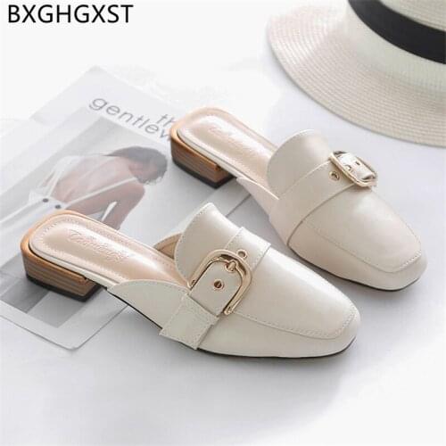 Mules Shoes Women Monk Strap Low Heels Women Shoes Square Toe Heels Block Heels Leather Casual Slip on Shoes Woman Zapatos Mujer