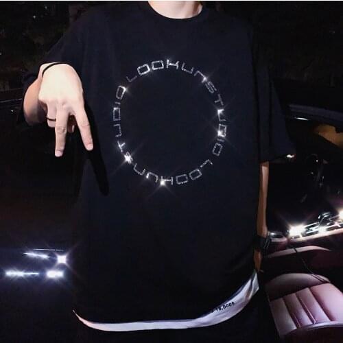 2021 Summer New Hot Drill Short Sleeve T-Shirt Male Students Korean Version Black Popular Logo Hip-Hop Half Sleeve Top Lovers