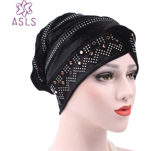 2017 New Arrival wrap muslim Turban headwear hat elegant fancy stone hot fix rhinestone cap for women
