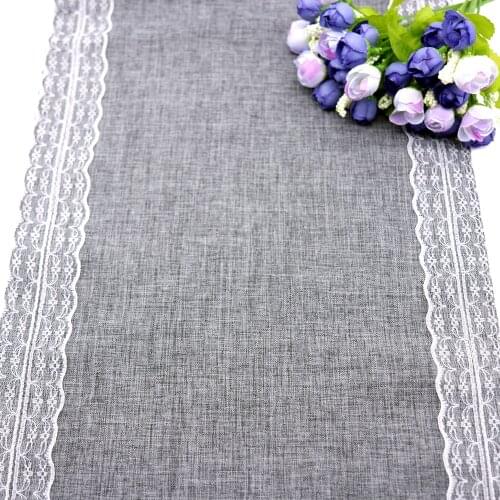 275x30cm Gray Khaki Rustic Imitation Linen Table Runner With Lace Wedding Decoration Table Cover Christmas Home Decor Dinner Tab
