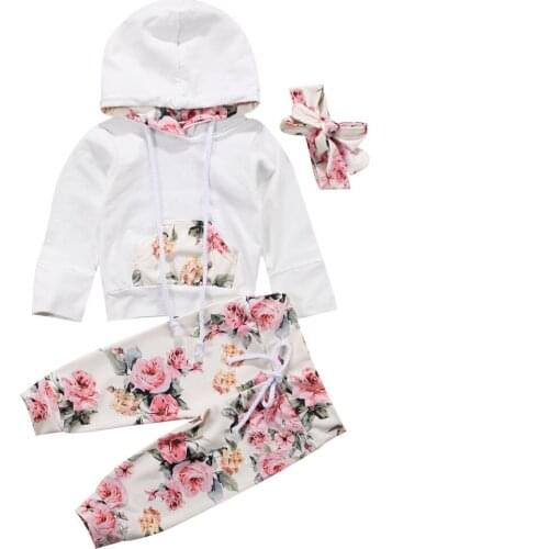 2020 Newborn Baby Girls Spring Autumn Floral Outfit Clothes Tracksuit Hooded Tops+Leggings Pants Headband 3Pcs Set 0-24M
