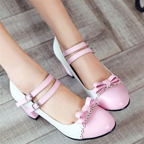 Lolita Shoes Pink Mary Jane Shoes for Women High Heels Buckle Strap Pumps Block Heel Bowtie Sweet Cute Shoes Black Blue Yellow