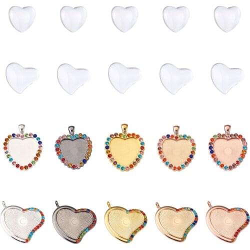 Heart Glass Cabochon Base Setting with Rhinestone Bezel Pendant Tray for Cameo Necklace Pendants DIY Jewelry Making Supplies Set