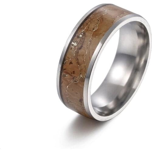8mm Vintage Stainless Steel Wood Ring for Men Women Brushed Gold Blue Black Stripe ATOP Men Wedding Ring