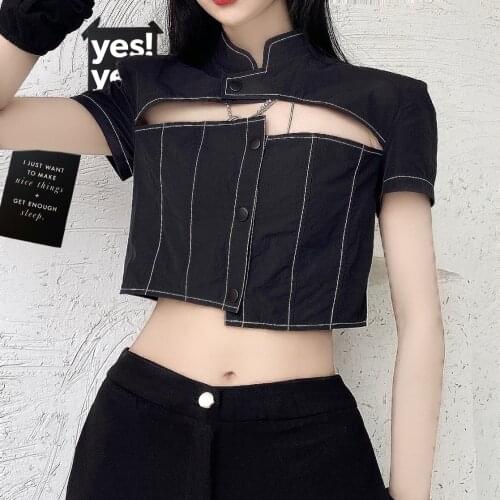 Stand Neck Girl Hollow Out Bust Sexy Tshirt Black Gothic Lady Irregular Short Length T Shirt Single Breasted Summer Goth Top