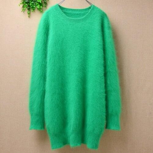 Ladies women fashion hairy mink cashmere knitted long sleeves slim blouses bottoming pullover angora fur jumper sweater dress